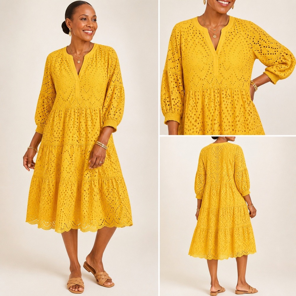 Chico's Cotton Eyelet Dress 3 L XL Yellow Tiered Boho V-Neck Midi